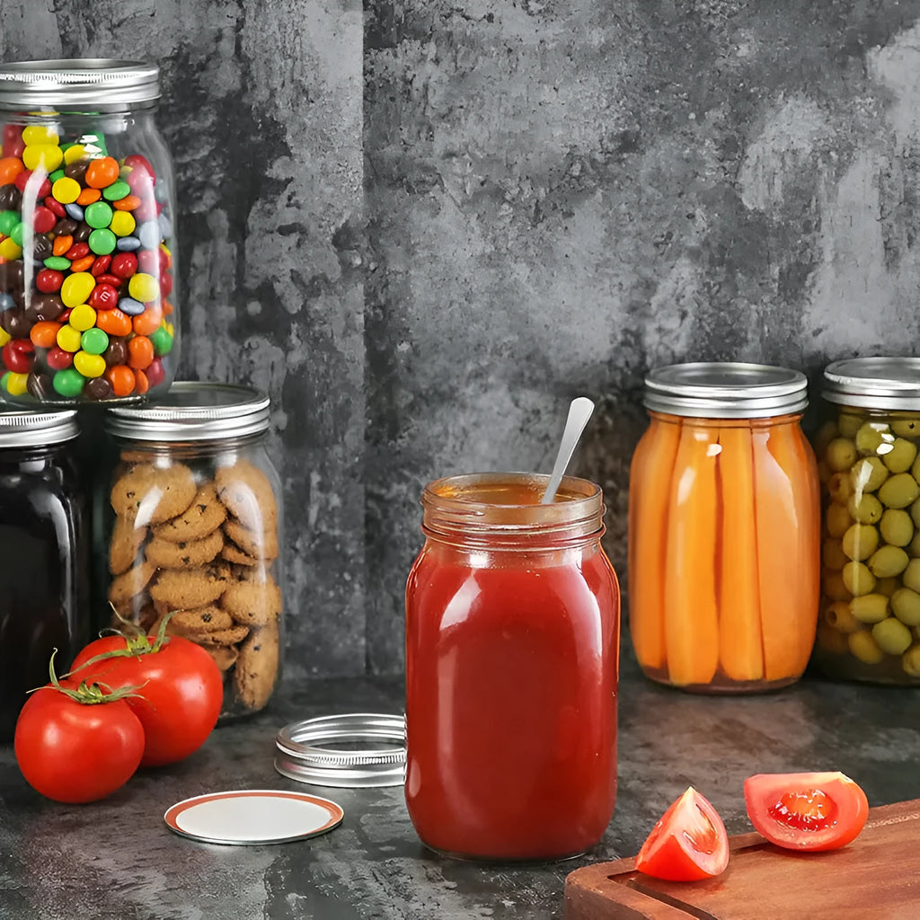 Six transparent 32oz glass storage bottles with airtight wide mouth and glossy finish