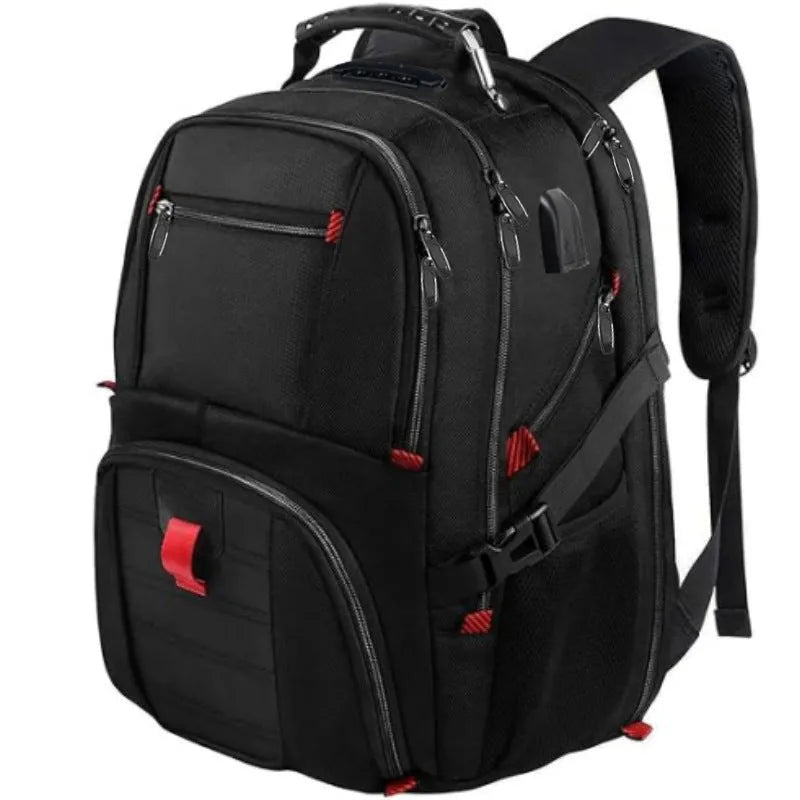 Large black USB charging backpack with curved shoulder straps and water-resistant Oxford cloth construction