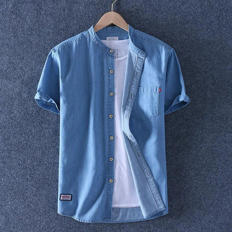 Men's denim casual short-sleeve shirt in light blue, pure cotton, loose fit