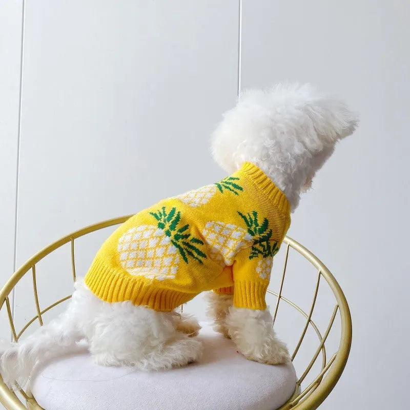 Yellow wool pet coat with pineapple print for autumn and winter, available in sizes S to XXL