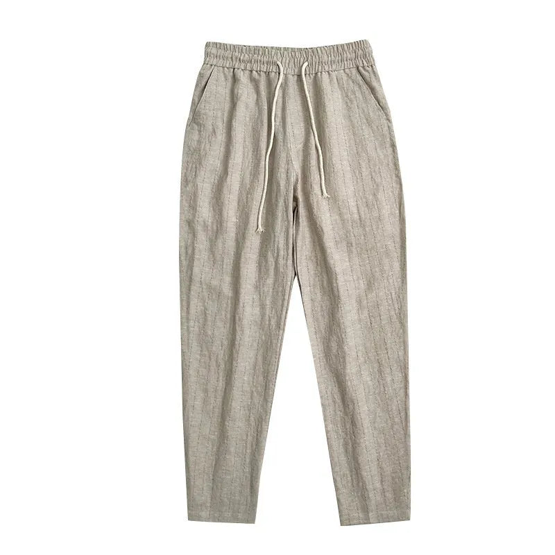 Men's striped cotton-linen summer trousers in cropped length with coffee, khaki, navy blue and white colour options