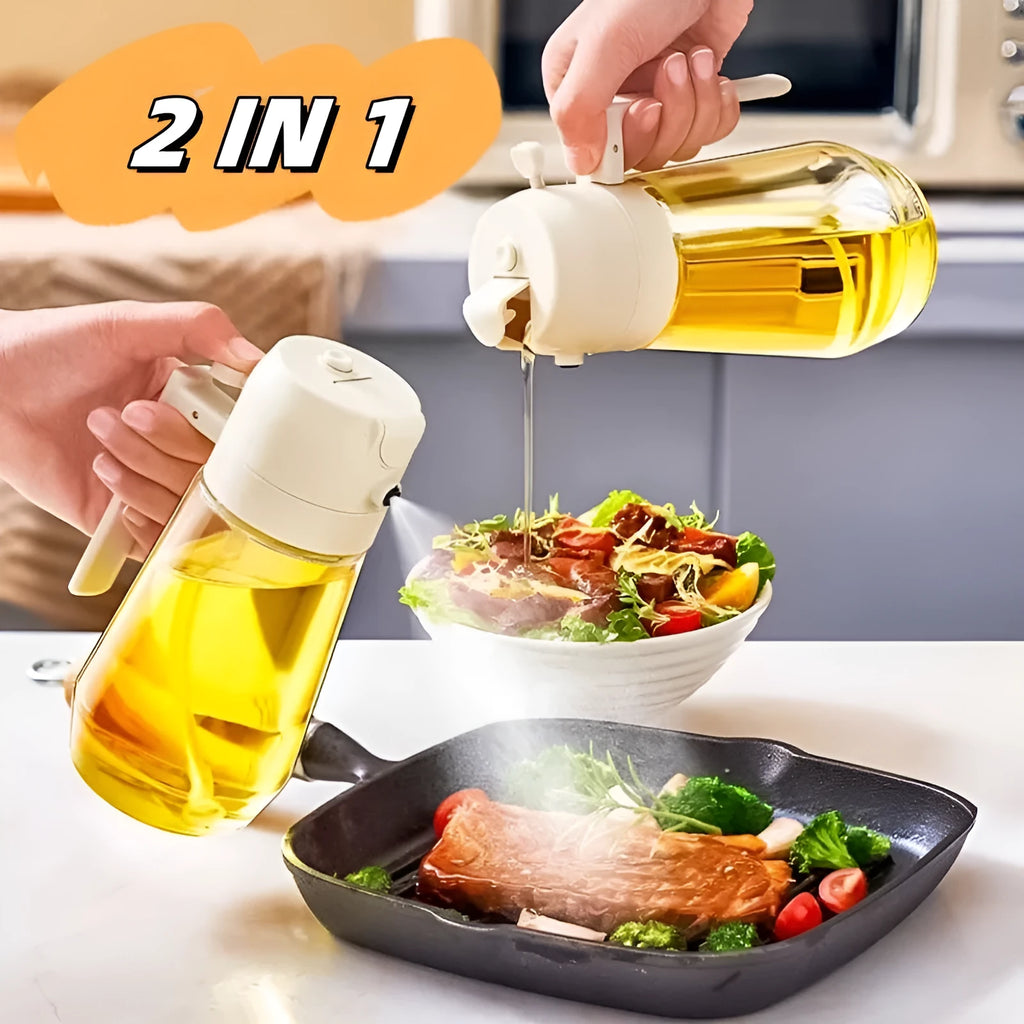 Glass olive oil sprayer dispenser with 470ml capacity and dual spray/pour function