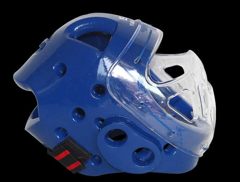 White, blue, and red karate helmet for boxing head protection, shown in S, M, L, XL sizes.