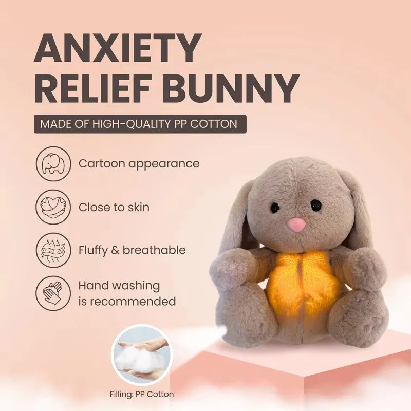 Breathing rabbit plush toy with moving belly and calming features for baby sensory development