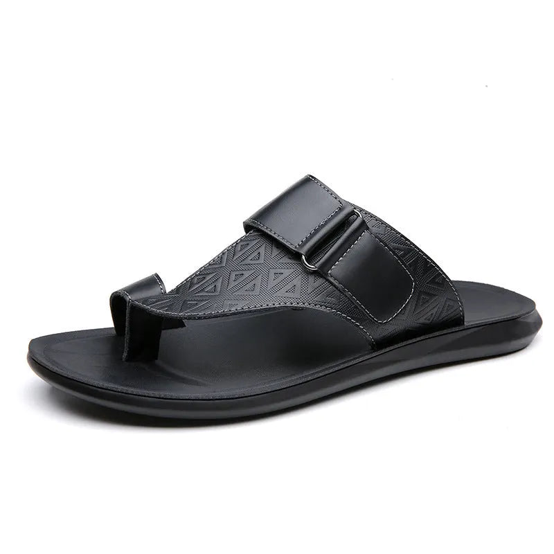 Men's white open-toe cowhide leather slippers with a rubber sole on a casual background