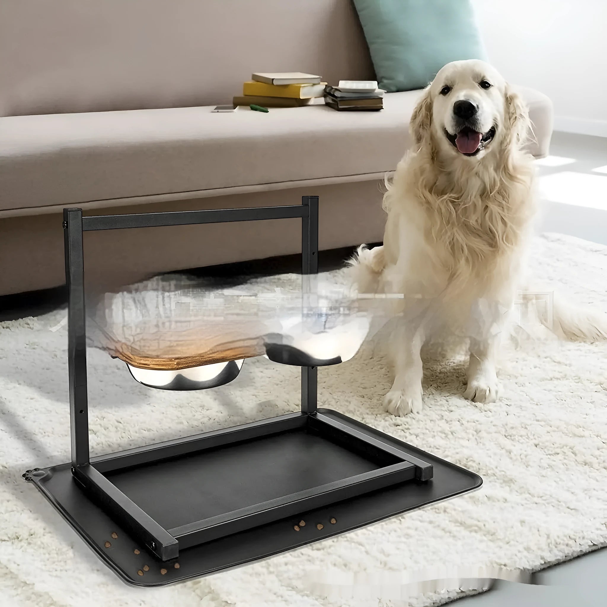Black iron pet bowl rack with three adjustable slots for dog feeding dishes