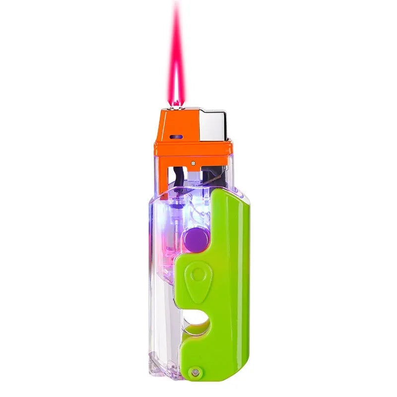 Colourful windproof radish lighter in orange, purple, and green colour options on a plain background.
