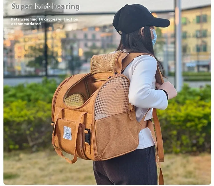 Brown portable expandable cat carrier bag with shoulder strap for cats up to 15 pounds