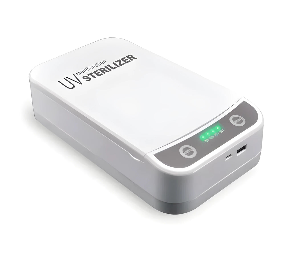 UV disinfection box for mobile phones with USB ports, showing internal compartment.