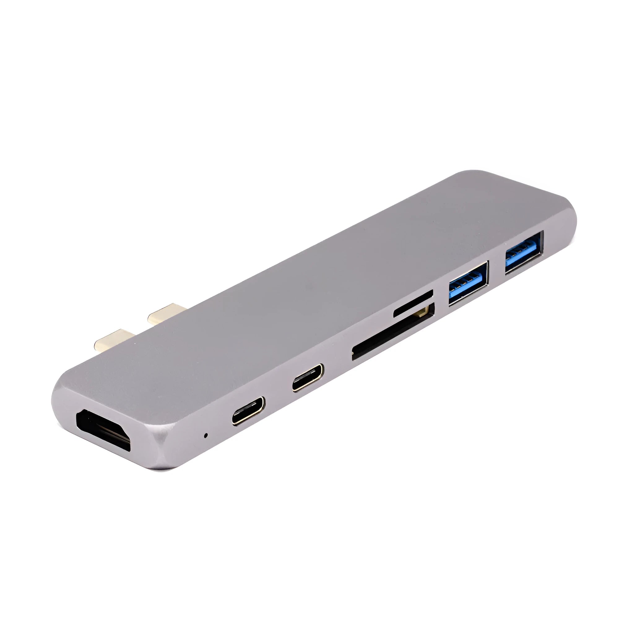 Dual Type-C seven-in-one hub in aluminium-magnesium alloy with HDMI and USB ports, 12.7cm long
