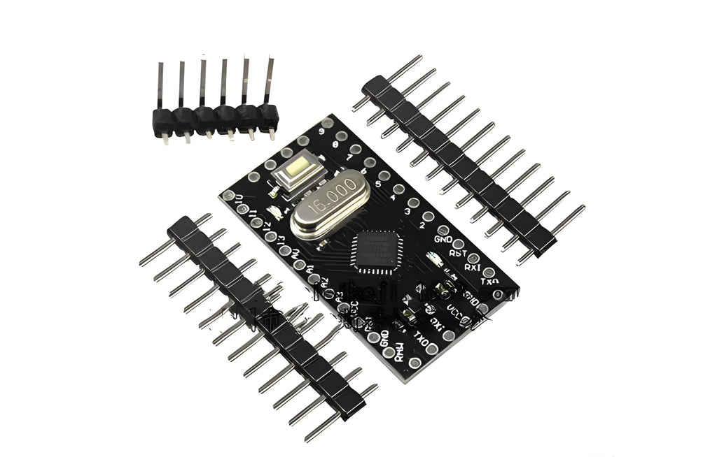 Mini Pro professional microcontroller circuit board showing digital and analog pin headers.