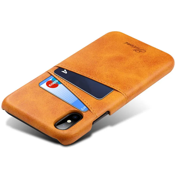 Slim black PU leather wallet phone case showing two credit cards inserted in back slots.
