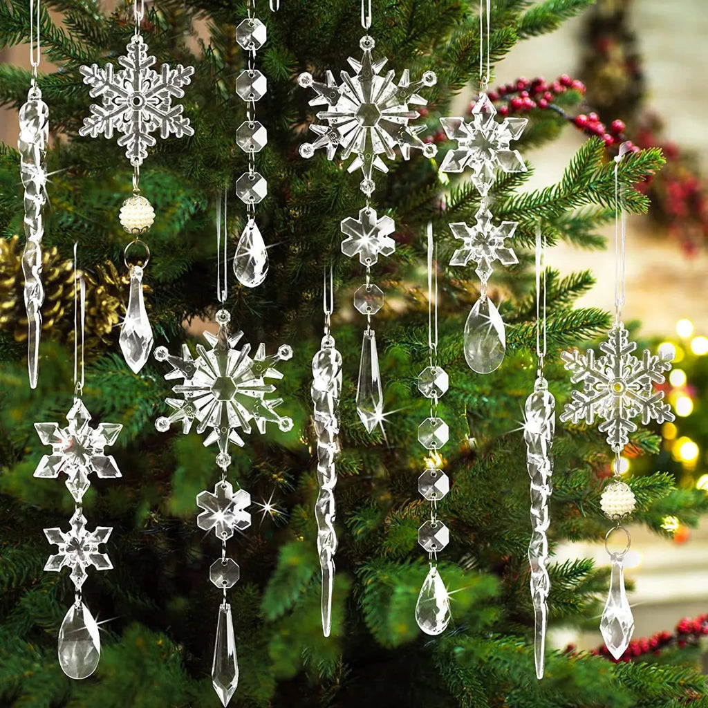 10 clear acrylic ice cone Christmas tree hanging ornaments with white ribbons