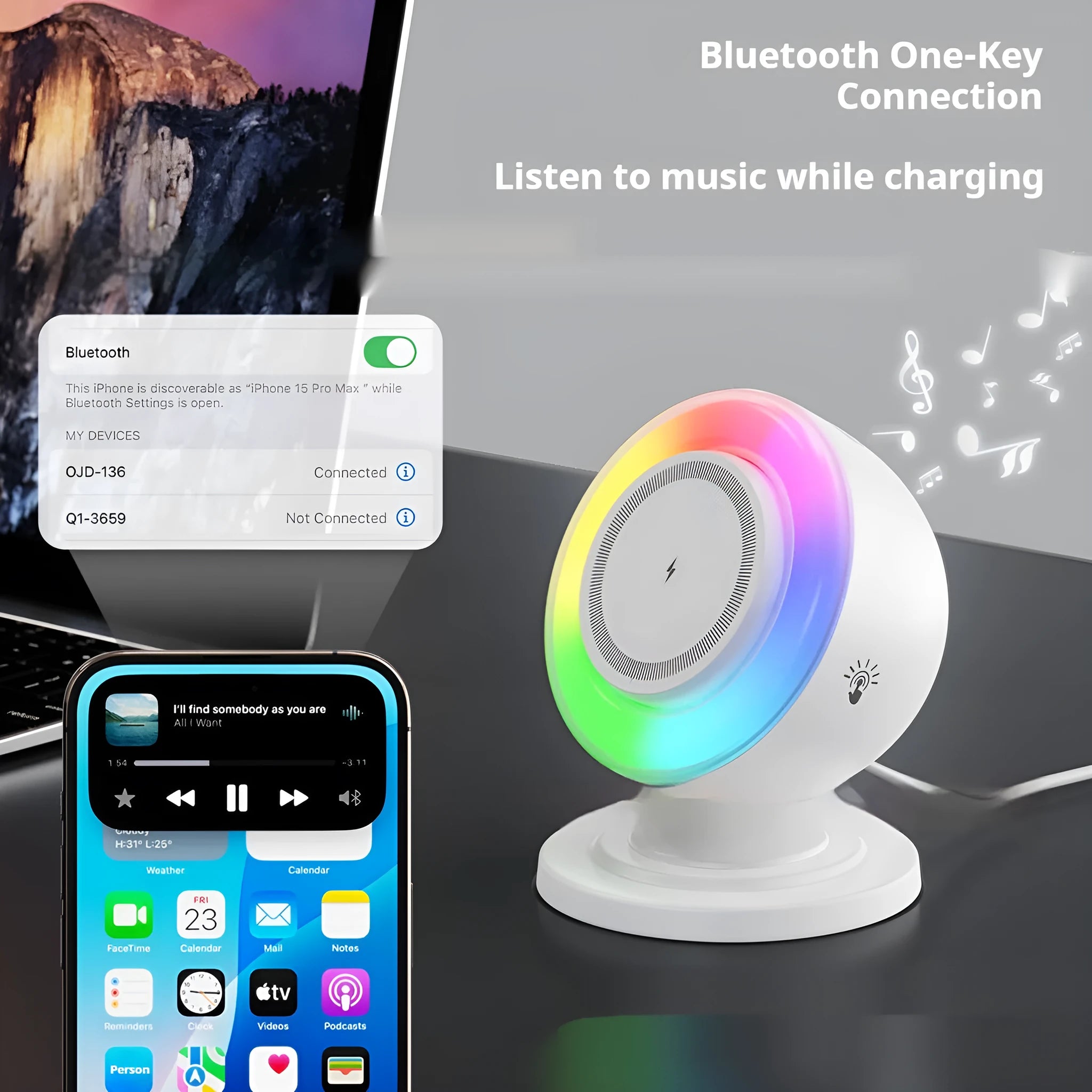 Three-in-one wireless charger with Bluetooth speaker and coloured lights in white finish
