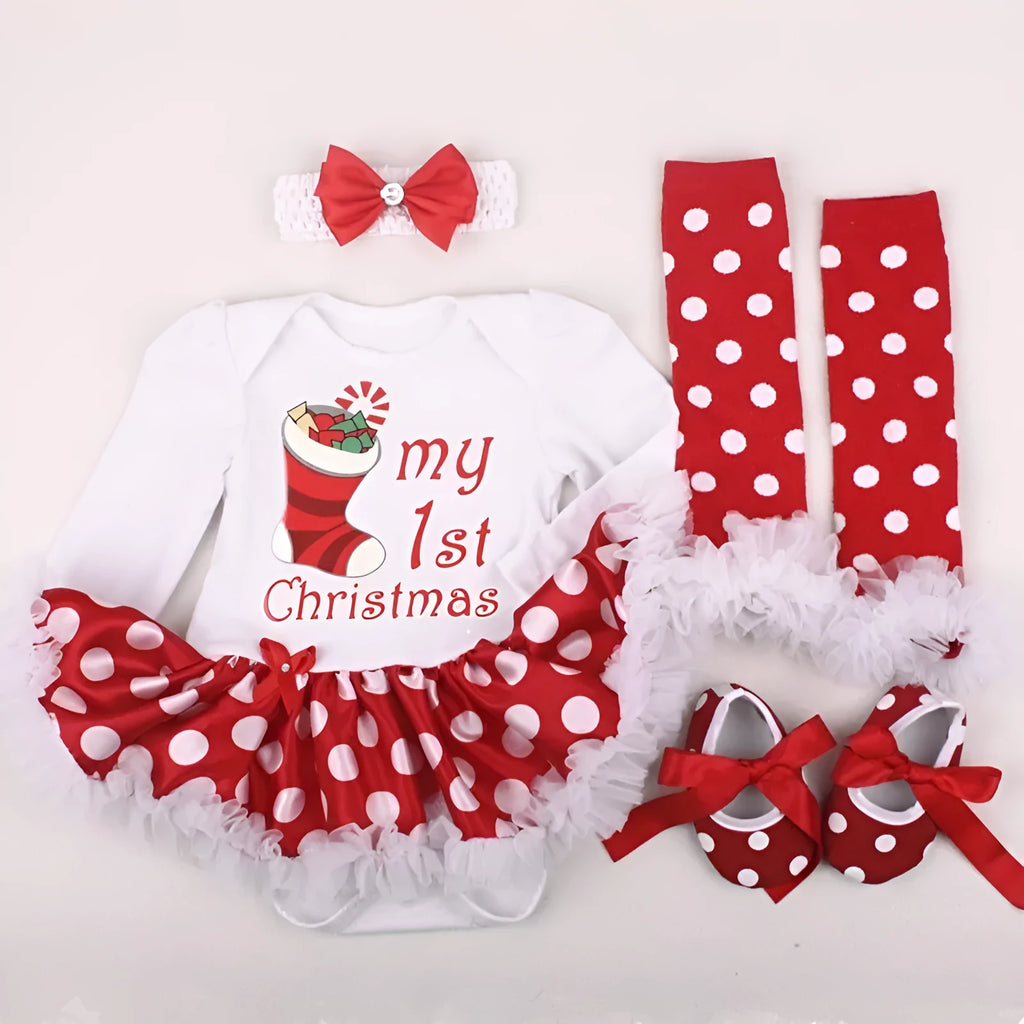 Four-piece newborn baby clothing set with cotton romper, headband, socks and shoes for Christmas gift