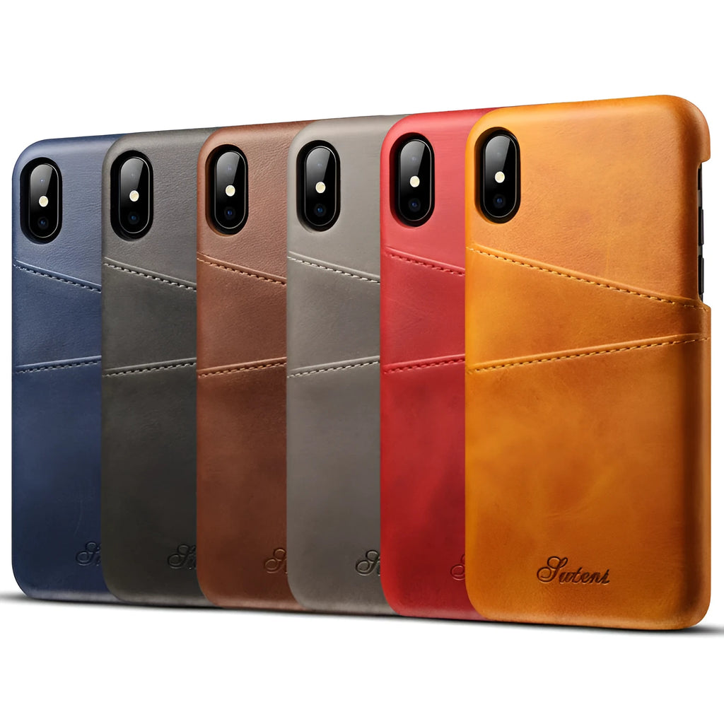 Slim black PU leather wallet phone case showing two credit cards inserted in back slots.