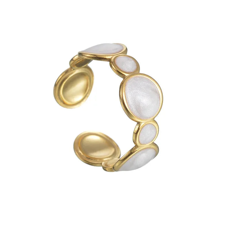 A geometric-shaped stainless steel ring with an adjustable opening and a shiny electroplated finish.