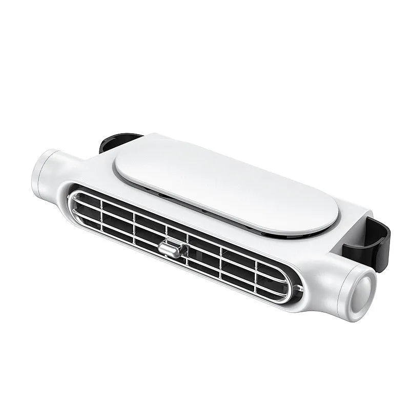 Compact black USB car fan with Velcro strap mounted on a car seat headrest.
