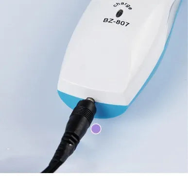 DC rechargeable pet hair clipper with orange and blue options, stainless steel blade, and four limit combs on charging stand