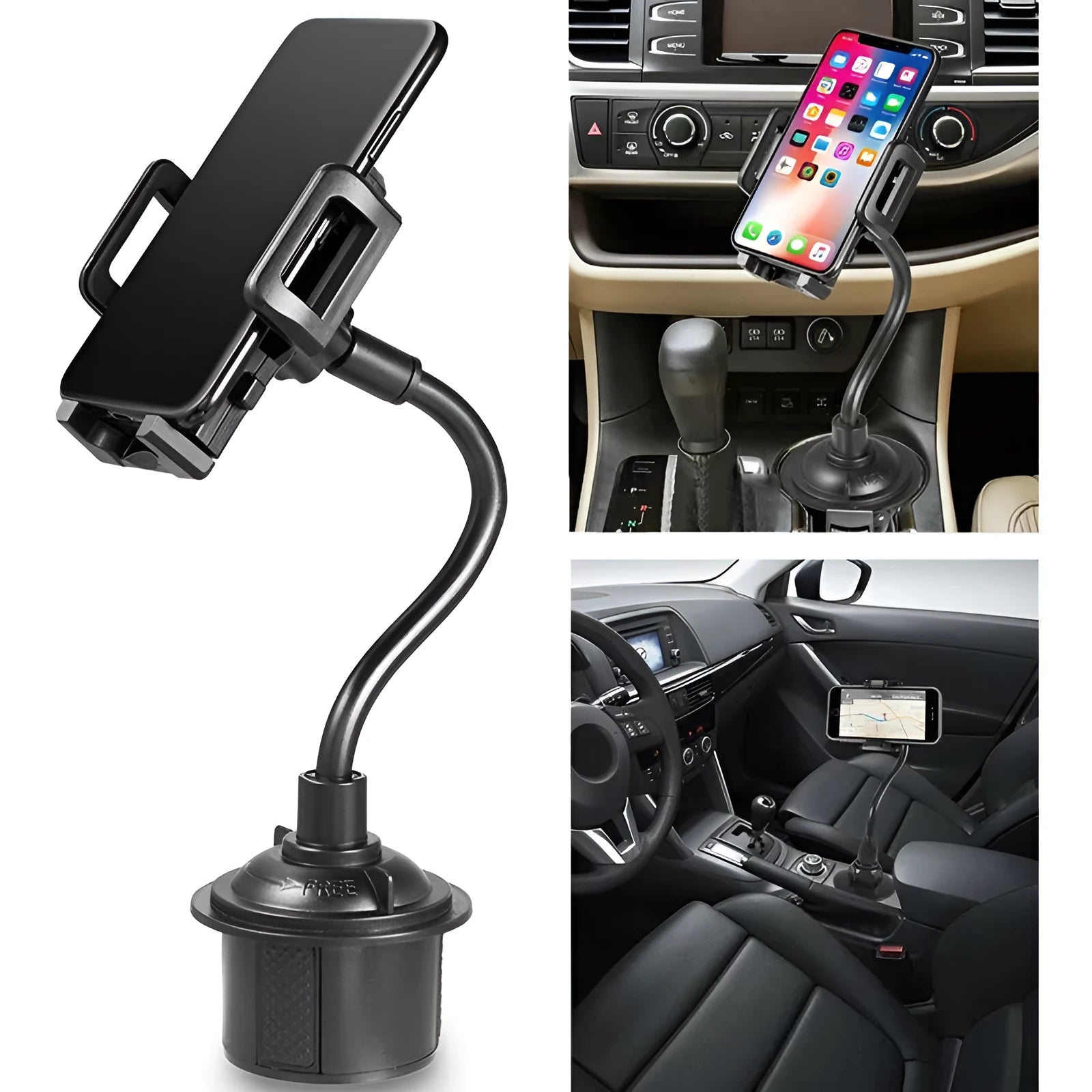 Black car phone mount with adjustable side handles showing windscreen suction cup and air vent clip hook mounting options