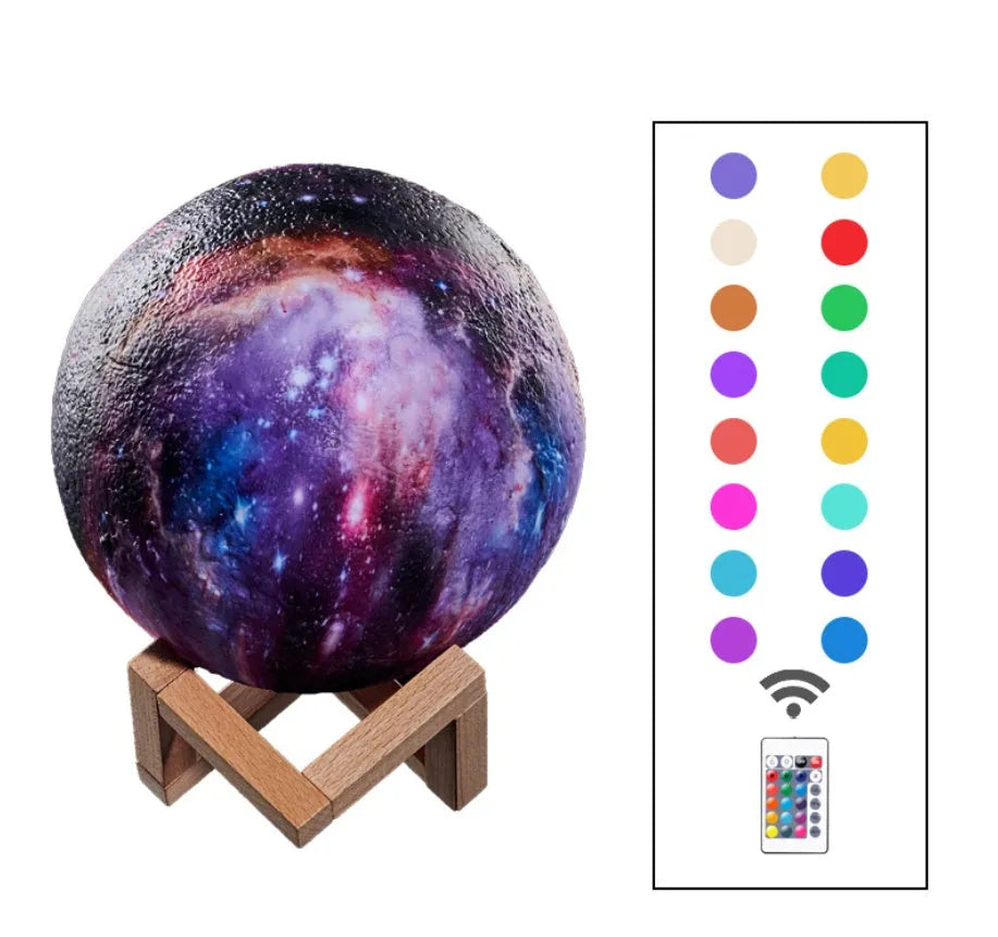 3D printed spherical lunar night light on a table, demonstrating remote control and colour-changing LED effects.