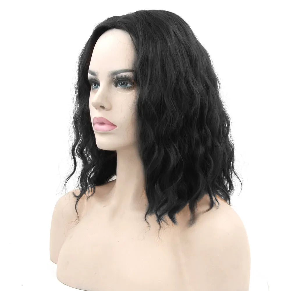 Black high temperature silk short curly hair cosplay wig cap on mannequin head front view