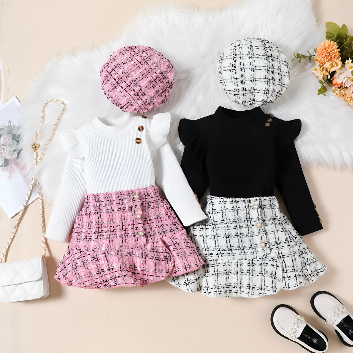 Girls plaid three-piece skirt suit with long sleeve top, fishtail skirt and hat in pink or black, cotton summer set