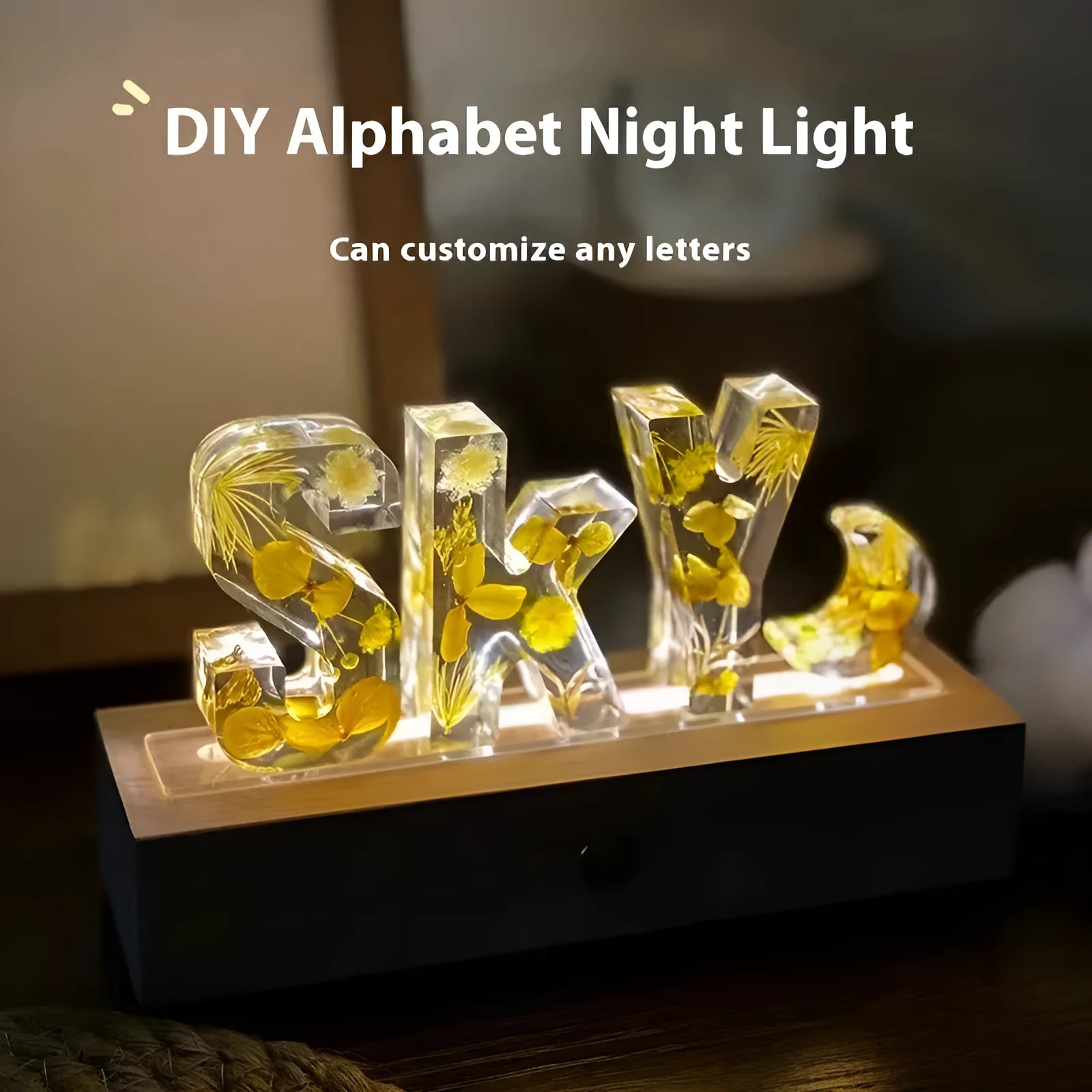 Letter small night lamp DIY kit with dried flowers, glue, tweezers, and mold in multiple colours