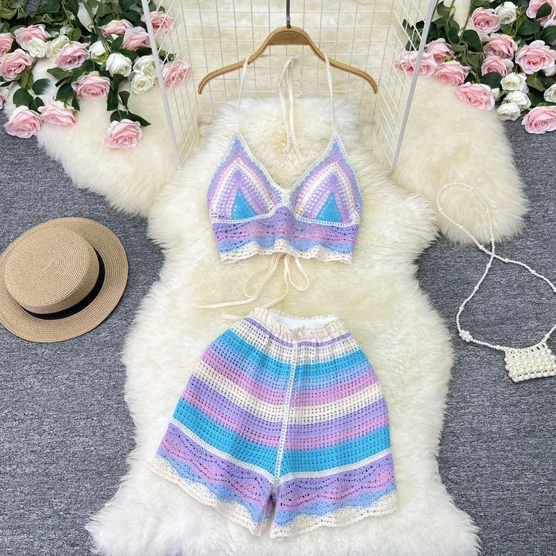 Women's Striped Halter Camisole and Shorts Set Summer Sleeveless Contrast Colour V-Neck Vacation Two-Piece in Blue Purple Yellow Polyester Free Size Casual Beachwear