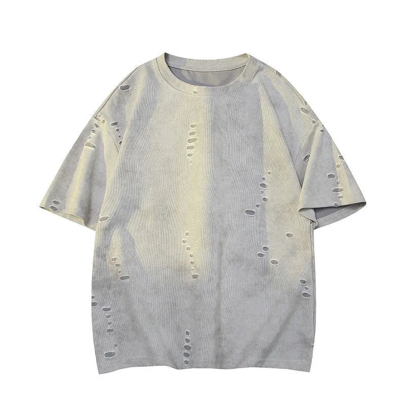 Men's grey ripped short sleeve t-shirt with loose fit design