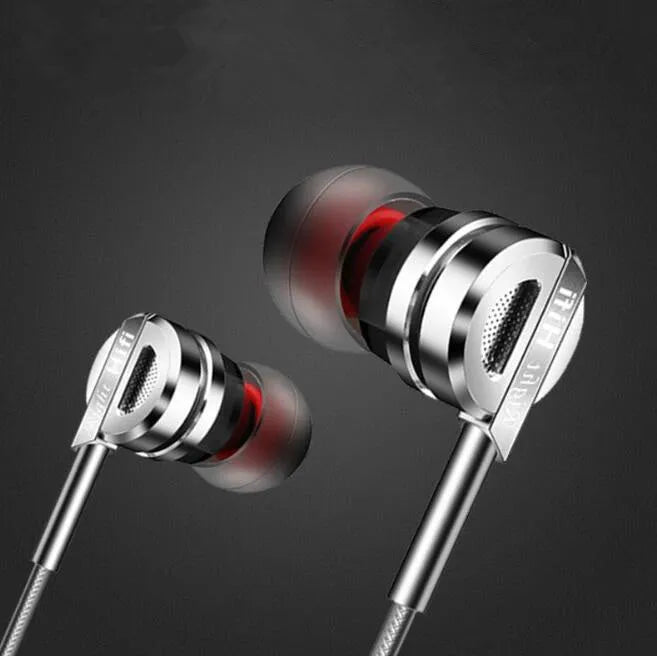 Black metal HIFI in-ear headphones with inline microphone and controls on the cable.