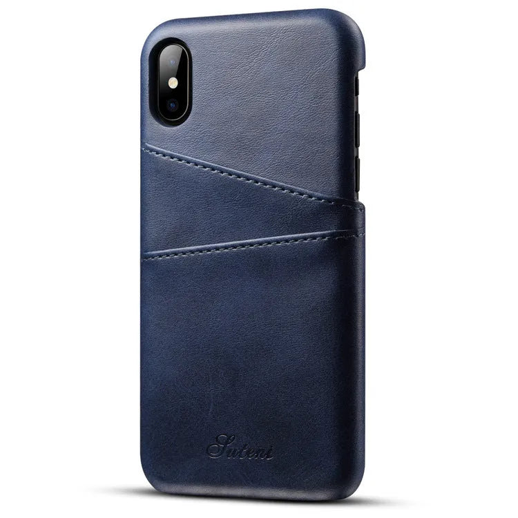 Slim black PU leather wallet phone case showing two credit cards inserted in back slots.