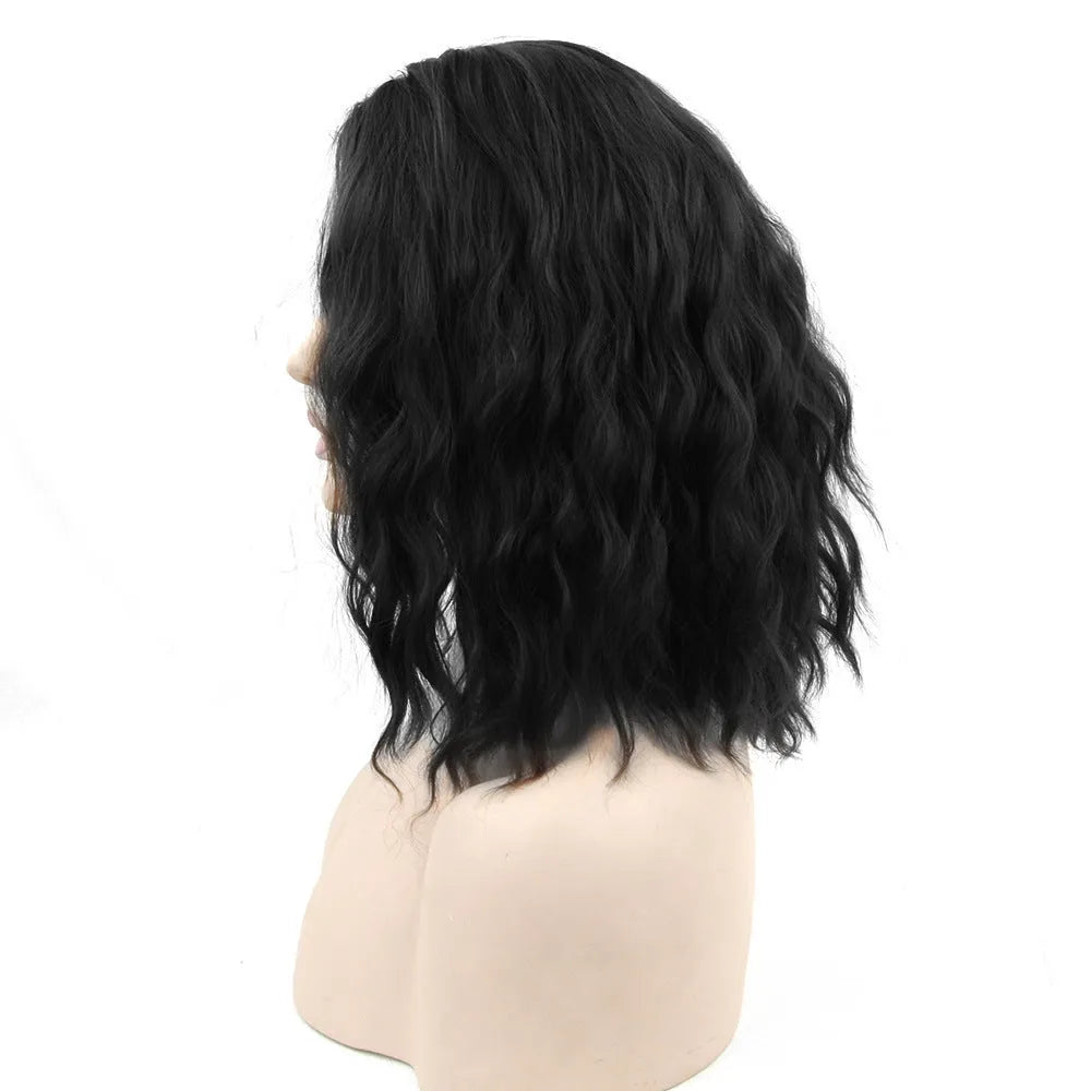 Black high temperature silk short curly hair cosplay wig cap on mannequin head front view