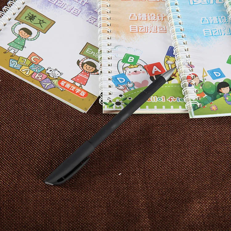 Automatic fade and disappear pen set showing pen holder, case, and eight refills on a notepad.