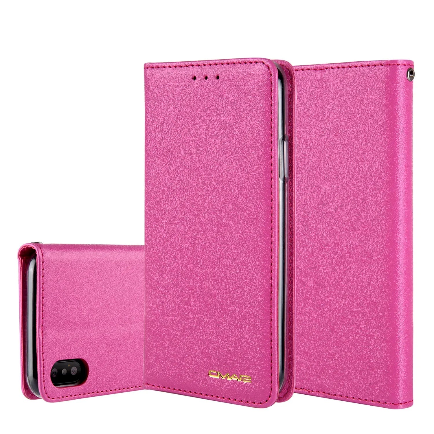 Apple iPhone flip wallet case in PU leather with card slot, shown in multiple colours.