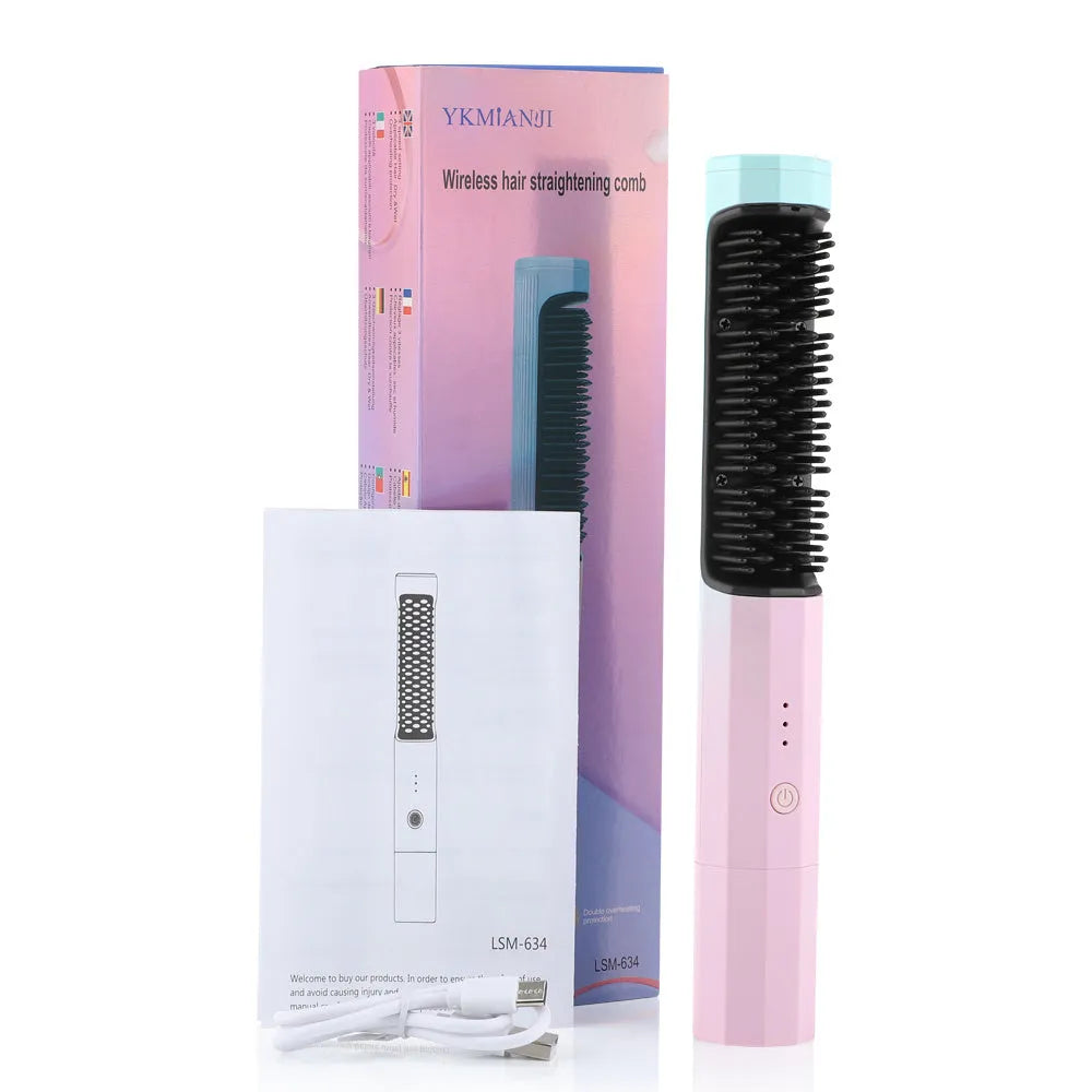 Pink cordless straightening comb with nylon bristles and USB charging port