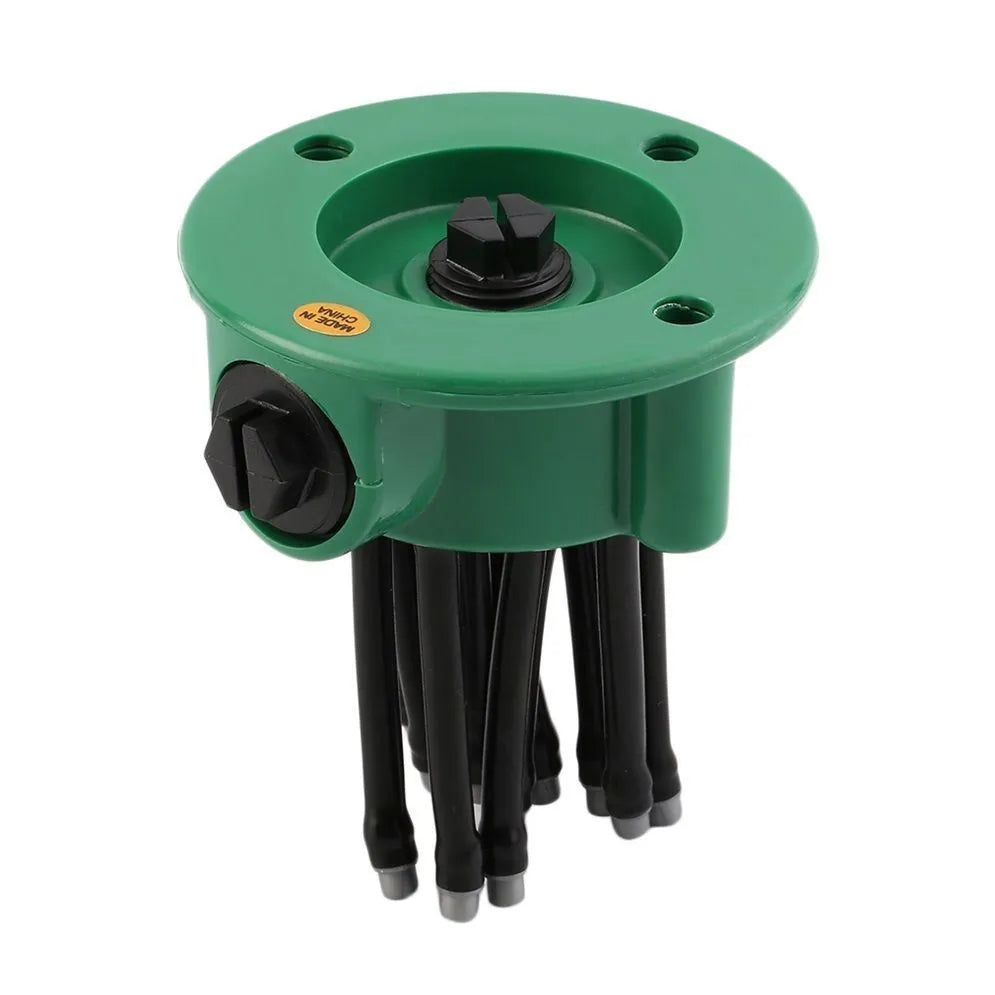 Green plastic adjustable lawn sprinkler with flexible spray noodles on 9cm base