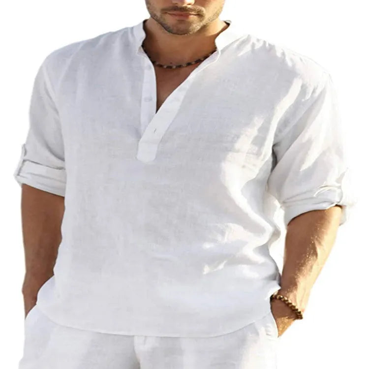 Men's solid colour long sleeve casual shirt in cotton linen fabric with a stand collar.