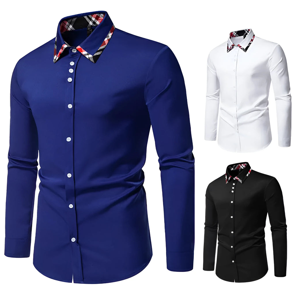 Men's blue plaid contrast long-sleeve shirt with a triangle collar, laid flat.