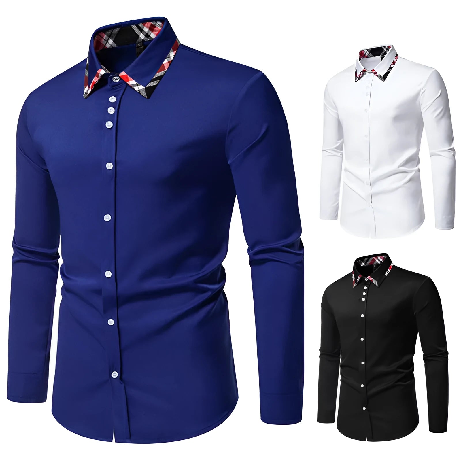 Men's blue plaid contrast long-sleeve shirt with a triangle collar, laid flat.