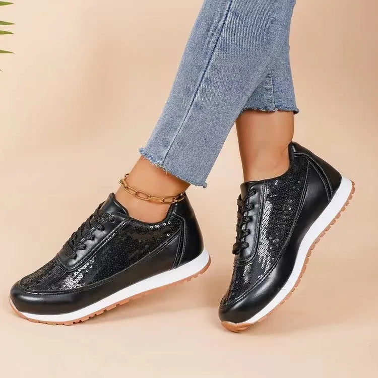 Women's thick-soled casual sneakers in PU leather with square toe design in black, silver, and champagne colours