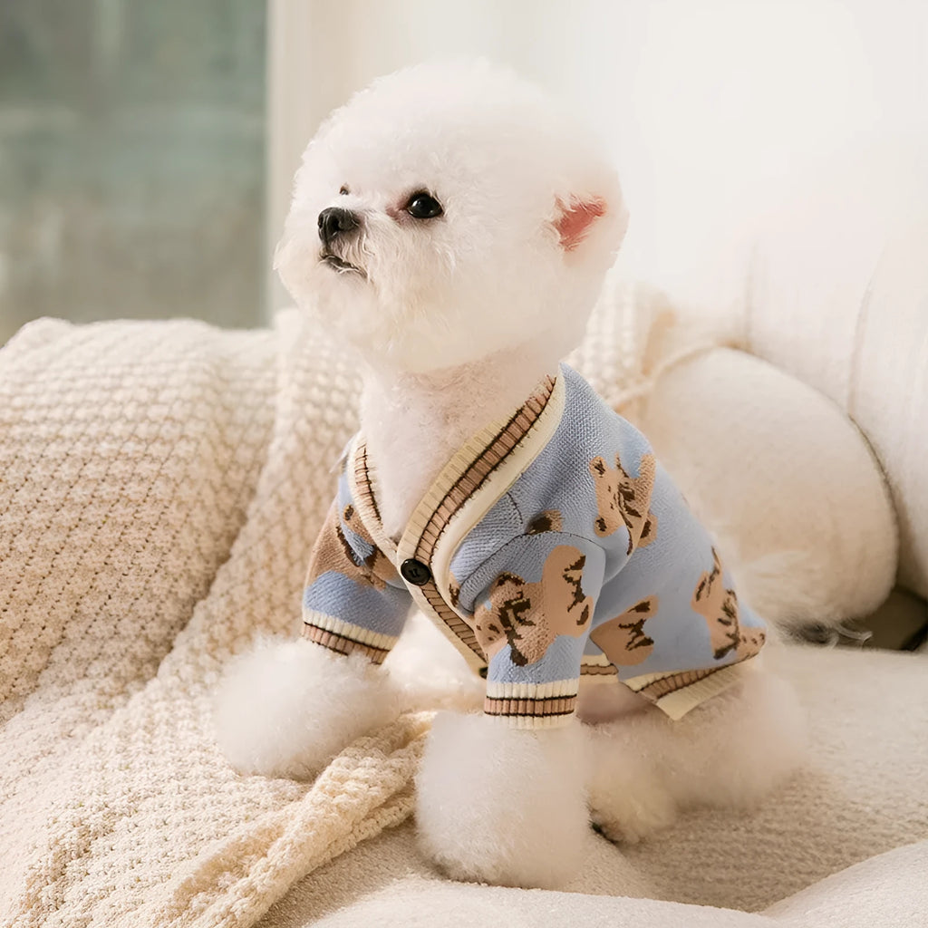 Dog striped knitted sweater cardigan in beige full print bear design on a small dog