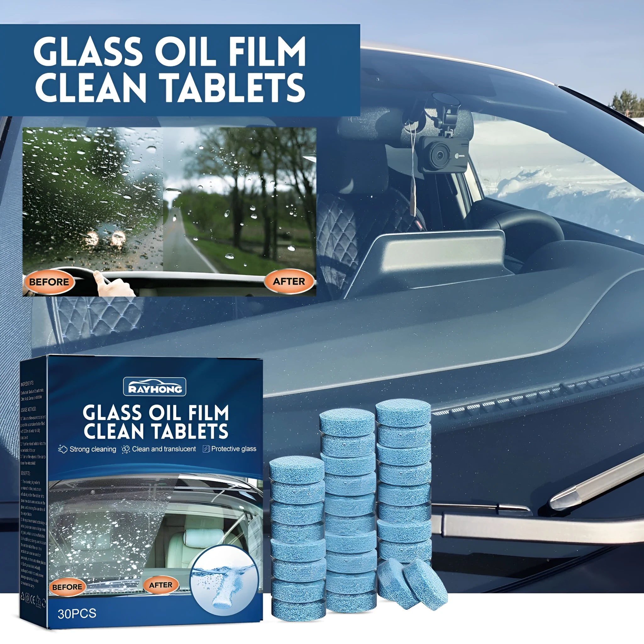Box of 30 car oil-removing film cleaning effervescent tablets for vehicle glass