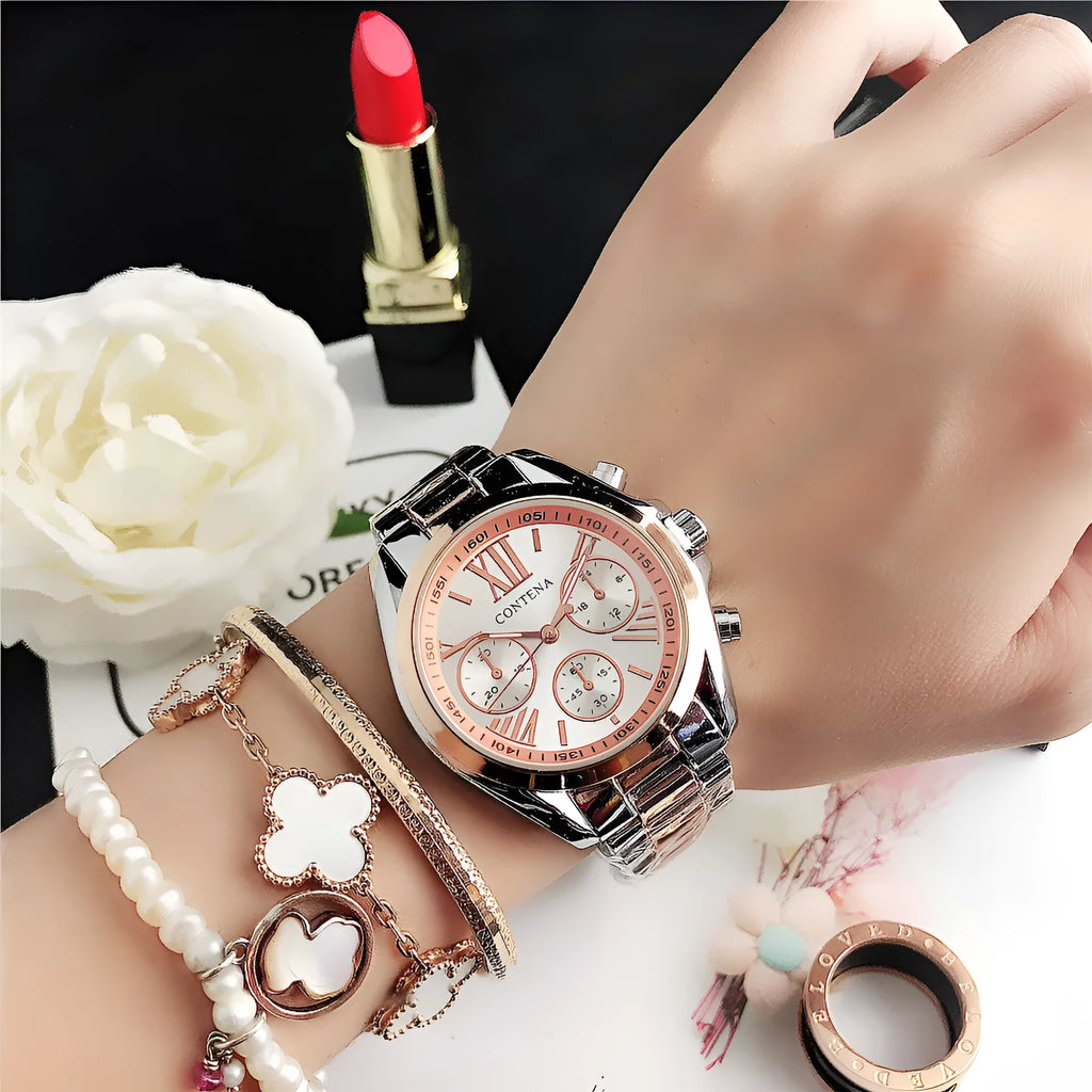 Women's silver rose gold watch with diamond details and mesh strap
