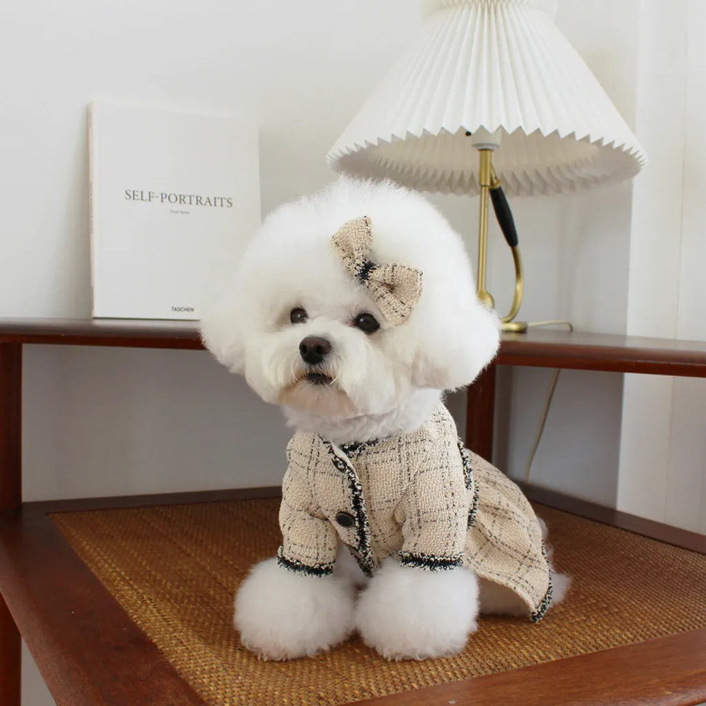 Beige cotton pet princess skirt with matching hairpin, available in XS to 2XL sizes for dogs and cats