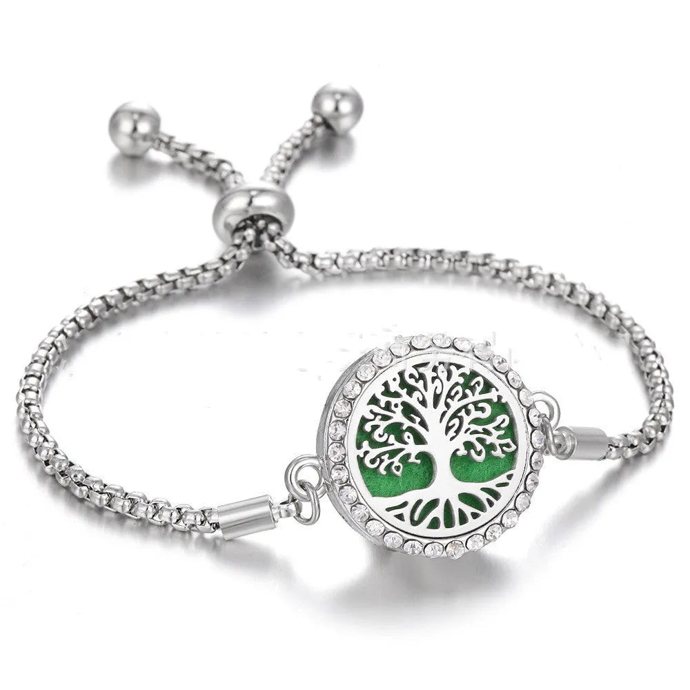 Hollow stainless steel aromatherapy bracelet with electroplated alloy finish, adjustable 24cm length and cotton pad