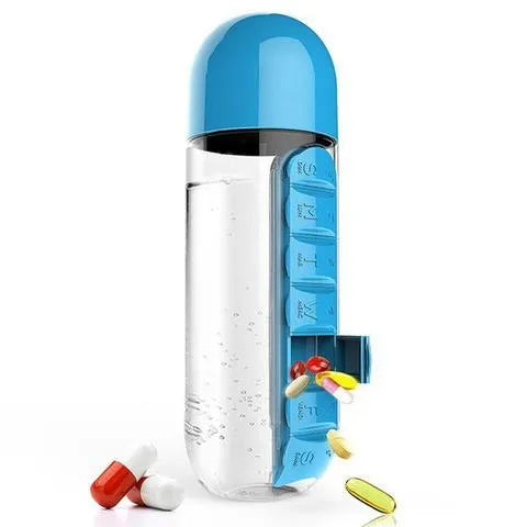 Portable wrist capsule water cup with medicine box, 600ml PC body and PP lid, 23x7.5x7.5cm