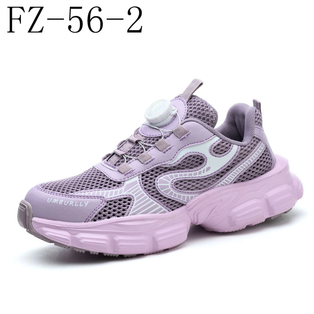 Women's black safety work shoes with fly woven mesh upper, steel toe cap, and lace-up design on a grey background.