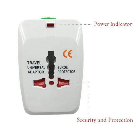 Universal travel plug adapter showing UK, US, EU, and AU pins with dimensions 73x50x39 mm.