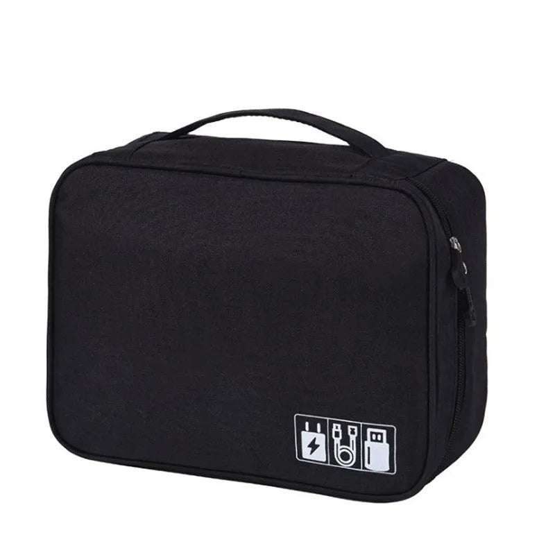 Blue cationic fabric organiser bag for digital cables and chargers, shown with dimensions 245mm by 180mm.